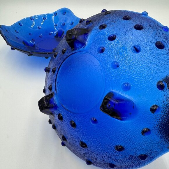 Unusual Vintage Collectible Cobalt Blue Blown Glass Hobnail Footed Serving Bowl - Picture 8 of 10